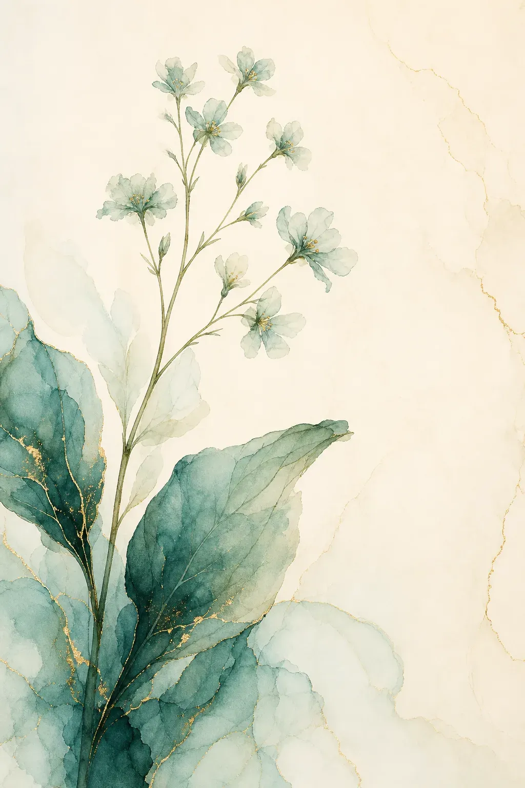 Aufstrebender Blütenzweig zwischen tiefgrünen Aquarellblättern und feinen Goldlinien