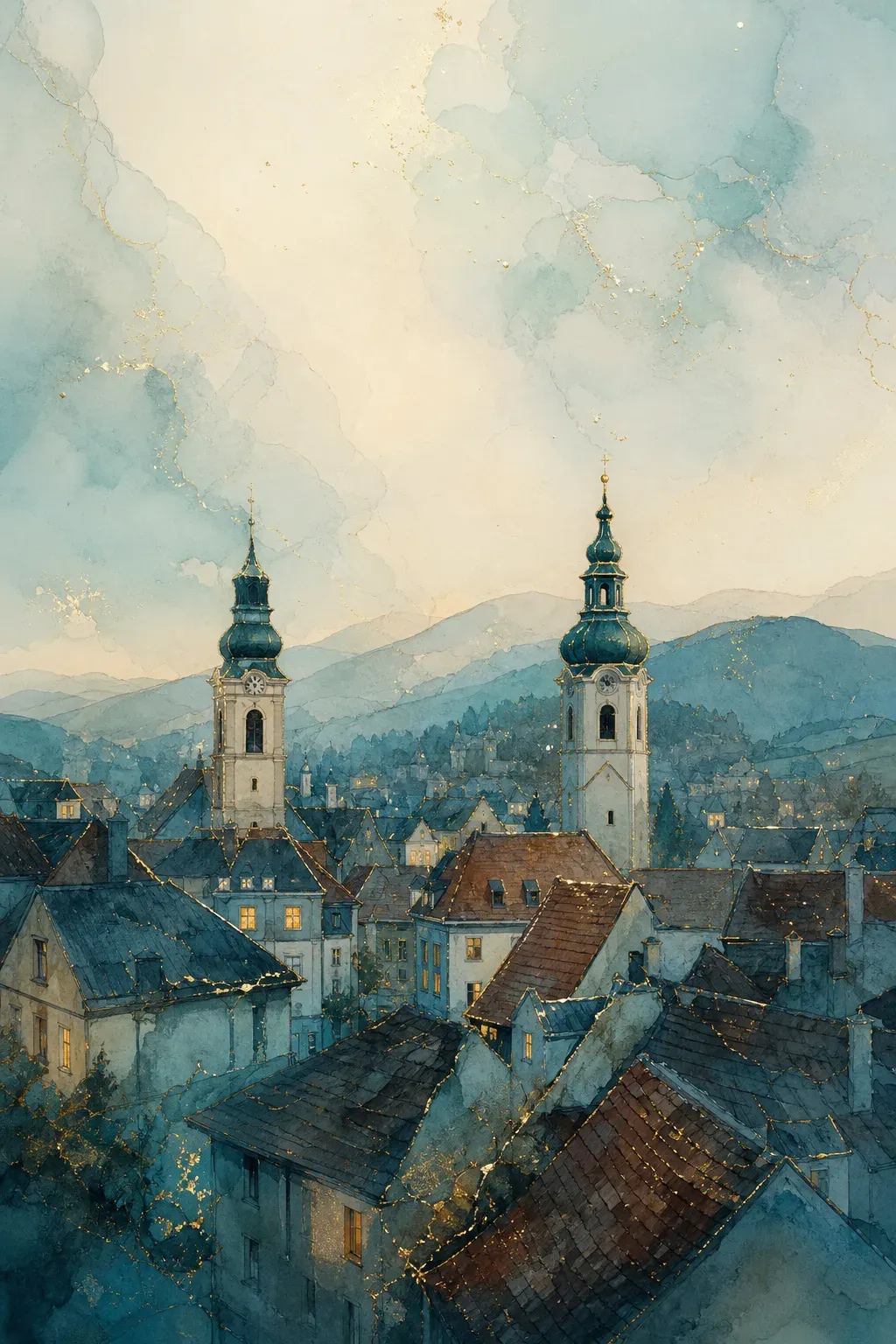 Dächer und Türme von Rosenheim im blauen Abendlicht vor den Bergen